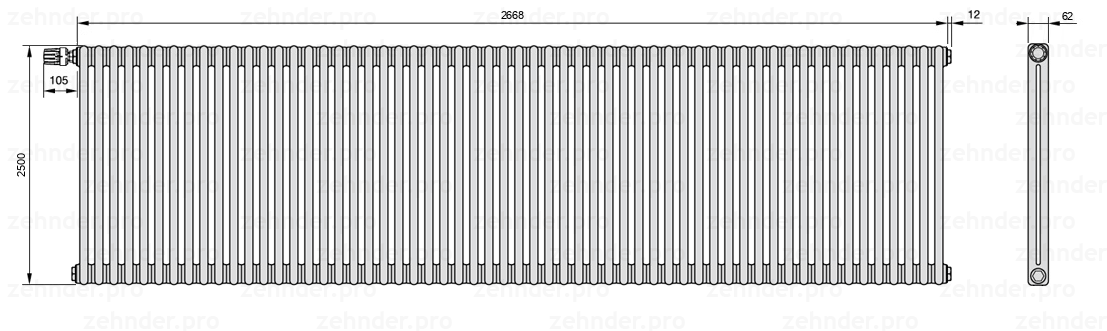 Схема (чертеж) Радиатор Zehnder Charleston 2250/58 №V011 Белый глянцевый RAL 9016